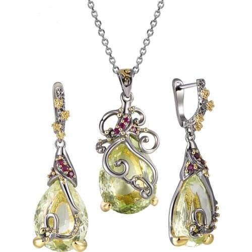 Vintage Women Engagement jewelry sets Black gold color Green Necklace Earring set Wedding Party Gift Dropshipping