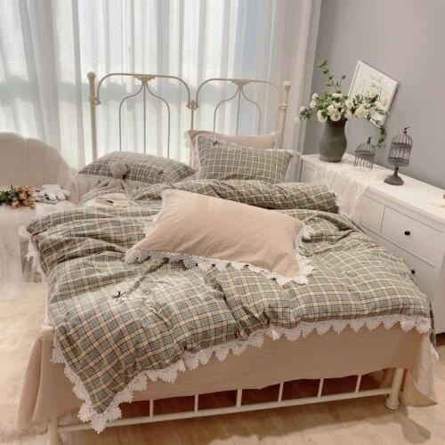 Green Plaid Lace Duvet Cover Queen Super Soft 100%Cotton Plaid Bedding Set flat sheet 2 Pillowcases Grid Geometric Quilt Cover