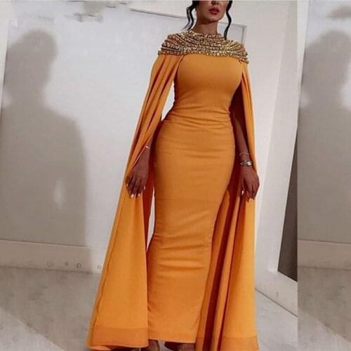 Yellow Beading Satin Evening Dresses Kaftan Sleeves Long Party Dress Robe De Soiree Sheath Arabic Muslim Special Occasion Dress