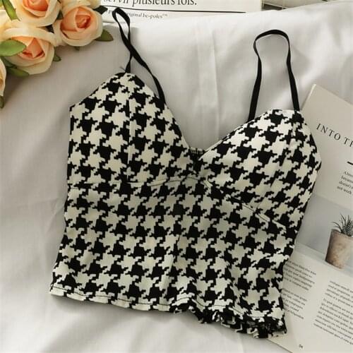 Summer Plaid Floral Print Tanks Tops Women V-Neck Slim Push Up Camis With Bra Cup High Street Spaghetti Strap Tee Shirt Femme