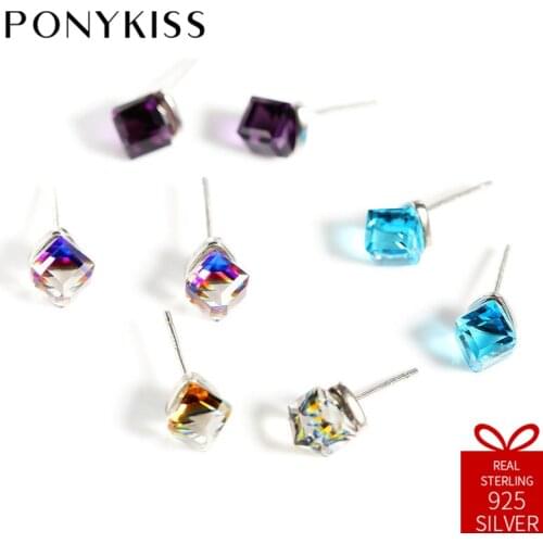 PONYKISS Trendy Solid S925 Sterling Silver Geometric Zircon Stud Earrings Women Party Anniversary Jewelry Cute Accessories Gift