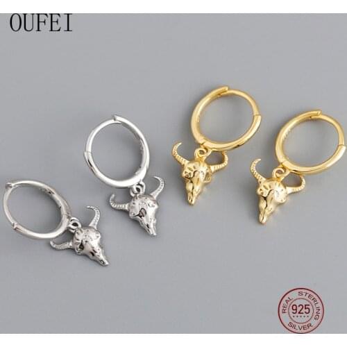 925 Sterling Silver Earrings Women Golden Bull Head Christmas Ornaments Punk Earrinmgs Fine Jewelry Lrregular Shape Earrings
