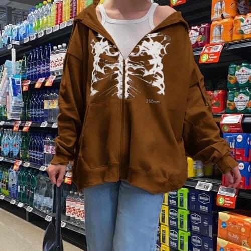 Women Hooded Sweater Adults Skeleton Print Long Sleeve Cardigan with Drawstring Pocket