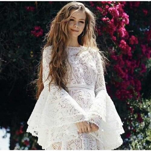 2020 spring flare sleeve white lace long dress embroidery bohemian women dresses high quality