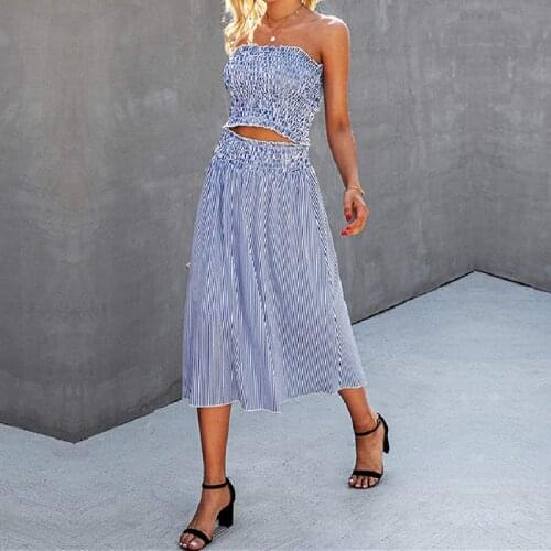 2pcs Summer Outfits Striped Off Shoulder Elastic Wrapped Tube Tops High Waist A-Line Midi Skirt for Ladies Vacation Holiday