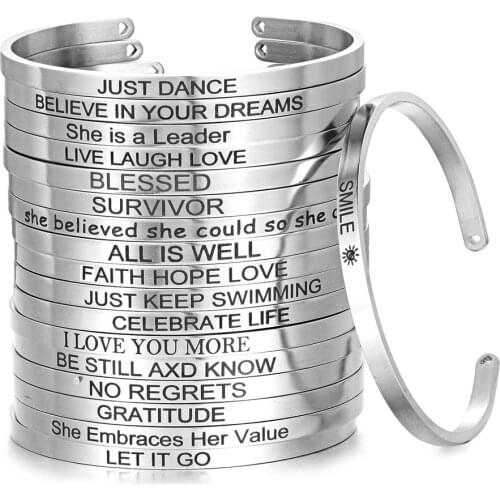 4mm Inspirational Bracelet Quote Mantra Carving Bangle For Women Stainless Steel Cuff Jewelry SL-152