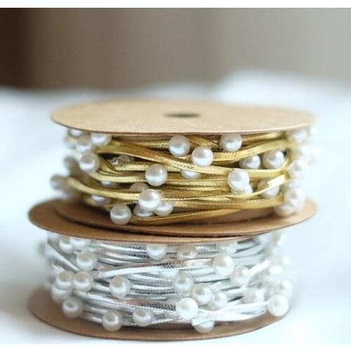 White Bead Ribbon Trims for Wedding Flower Christmas Tree Decoration Sewing Craft Packaging Artificial Bead Pearl Ribbon