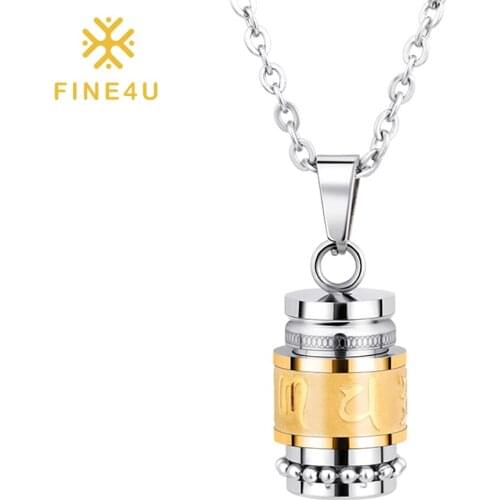 FINE4U N881 Tibetan Mantra Necklace Stainless Steel Beads Chain Necklace Mantra Mala Prayer Jewelry for Men