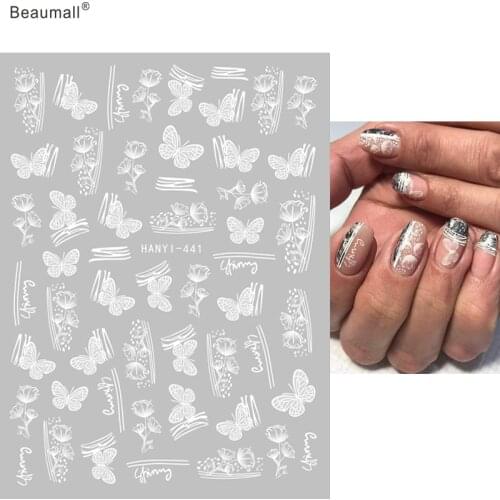 Elegant White Floral Butterfly Nails Art Manicure Back Glue Decal Decorations Design Nail Sticker For Nails Tips Beauty