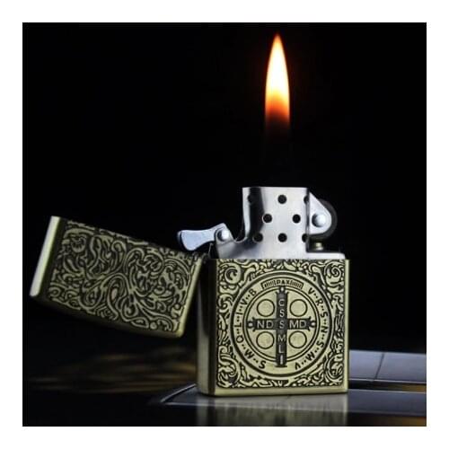 Metal Carving Kerosene Lighter Bronze Color Classic Pattern Chinese Style Four Mythical Animals Gasoline Lighter Collection