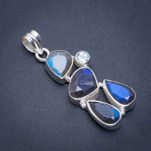 Natural Blue Fire Labradorite and Blue Topaz Handmade Unique 925 Sterling Silver Pendant 2" A1678