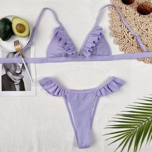 Low waist Swimwear Sexy lady wholesale swimming suit women Purple ruffle bikini sling purple biquini set Tankini swimsuits 2021