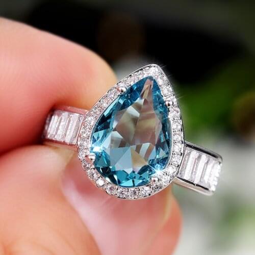 Cute Female Crystal Water Drop Ring Luxury Silver Color Wedding Rings For Women Dainty Aqua Blue Zircon Stone Engagement Ring