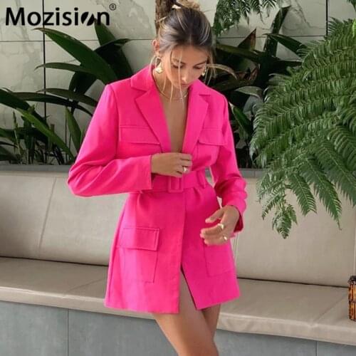 Mozision Notched Collar With Belt Blazer Women Double Pocket Slim Suit Coat Ladies 2021 Spring New Casual Loose Elegant Blazers