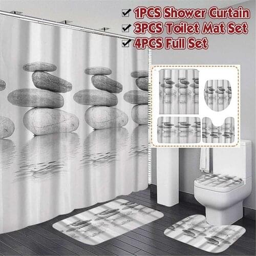 3D Stone Print Bathroom Non-slip Mat Set Durable Waterproof Shower Curtain Set Pedestal Rug Lid Toilet Cover Bath Mat Rugs