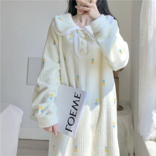 Real shot 2020 winter new pineapple plush pajama long pajamas cute home clothing sleeping skirt girl