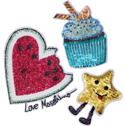 New Arrival Sequins Watermelon Cakecup Star Iron on Patches for Clothes DIY Decoration Sequined Appliques 2pcs/lot