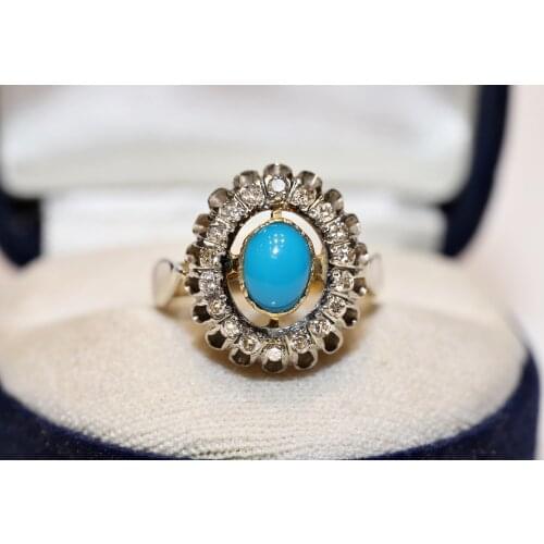 Vintage Original 18k Gold Natural Diamond And Turquoise Decorated Pretty Ring