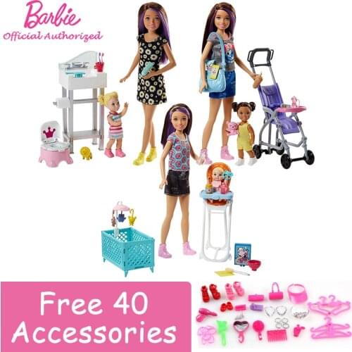 Original Barbie Skipper BabySitters 3 Style Doll Toys Learning Take Care The Baby As a Mother With Many Accessories For Gift