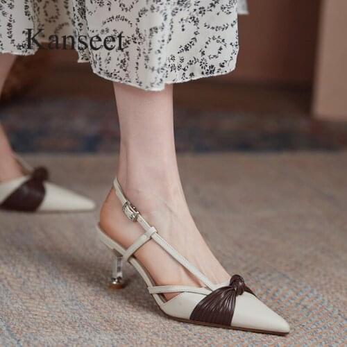 Kanseet New Arrival Sandals for Women 2021 Summer High Heels Party Dress Bow-Tie Cow Leather Buckle Strap Thin Heels Shoes Women