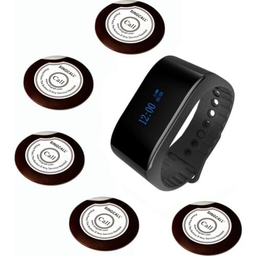 SINGCALL Queue System Waiter Caller 1 Waterproof Watch Receiver and 5 Buzzer Buttons for Cafe, Restaurants