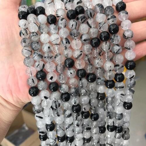 High Quality Natural Brazil Black Rutilated Quartz Stone Beads 4/6/8/10/12mm Loose Black Hair Crystal Beads For Jewelry Making