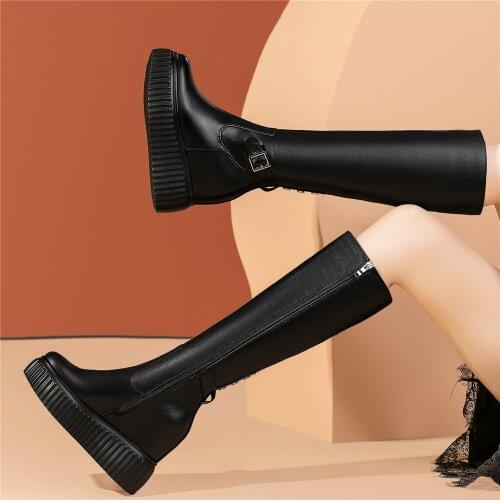 Wedges High Heel Fashion Sneakers Womens Lace Up Cow Leather Knee High Riding Boots Female Round Toe Platform Pumps Casual Shoes