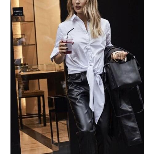 Women Spring and Autumn High Waist Loose Faux Leather Pants Elastic Waist PU Belted Black Trousters Streetwear