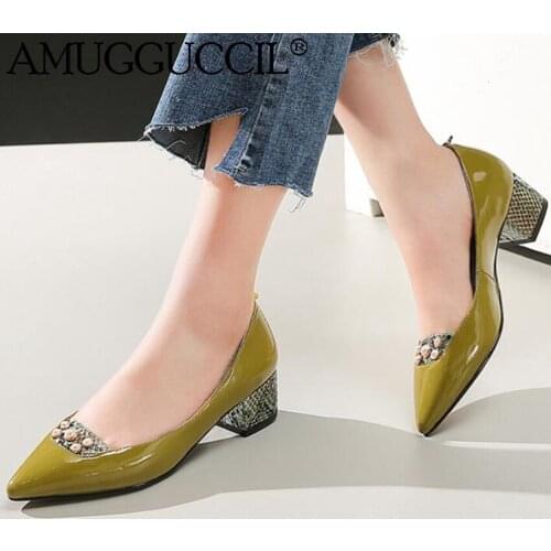 2020 New Plus Big Size 31-45 Green Real Genuine Leather Pearl Fashion Sexy Mid Heel Girl Female Lady Women Shoes Pumps D1246