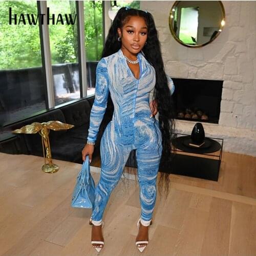 Hawthaw Women Autumn Long Sleeve Zipper Printed Bodycon Jumpsuit Overall 2021 Fall Female Clothing Streetwear Wholesale Items