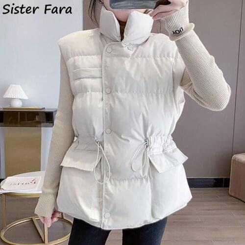 Sister Fara Winter Women Sleeveless Cotton Down Warm Vest Drawstring Waist Padded Coat Loose Vest Jacket Warm Vest for Women