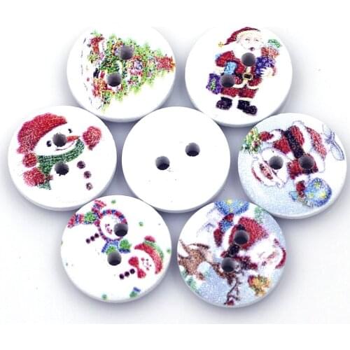 20 Mixed Christmas Santa Claus Snowman Pine Round Flatback Wood Sewing Buttons 2 Holes Scrapbook Crafts Clothes Accessories 15mm