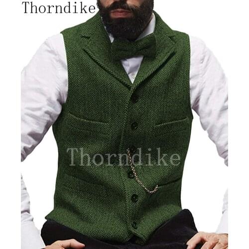Thorndike 2020 Gray Groom Vest Herringbone Tweed Groomsmen Vest Slim Fit Men Dress Suit Vest Prom Party Wedding Attire Waistcoat
