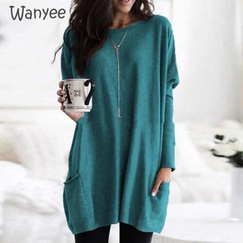 2021 Women Elegant Lady T-shirt Oversize Round Neck Pocket Tops Long-Sleeve Loose 5XL Female Clothing Spring and Autumn Casual