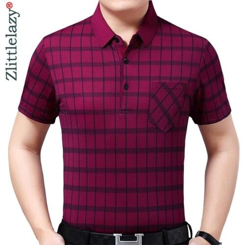 2020 Summer Short Sleeve Polo Tee Shirt Men Casual Pocket Plaid Mens Clothing Polos Shirts Mens Fashion Slim Fit Poloshirt 4235
