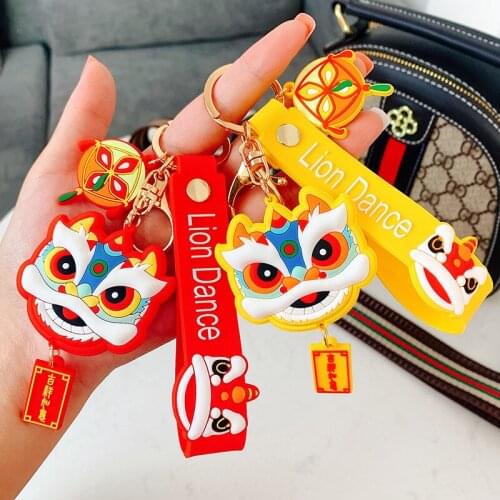 Cartoon lion dance head keychain cute creative Chinesestyle couple bag car pendant PVC Soft glue keychain Christmas Small Gift