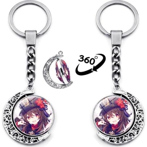 Game Genshin Impact Keychain Accessories Double Sided Rotating Moon Cute Bag Pendant Anime Key Chain Charms Key Ring Women Gift