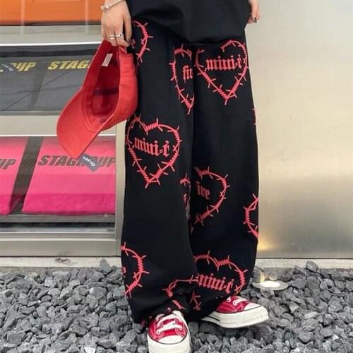 4XL White Hip Hop Heart Print Trousers Men Cargo Print Loose Sweatpants Hip Hop Streetwear Women Pants Funny Japan Punk Pants