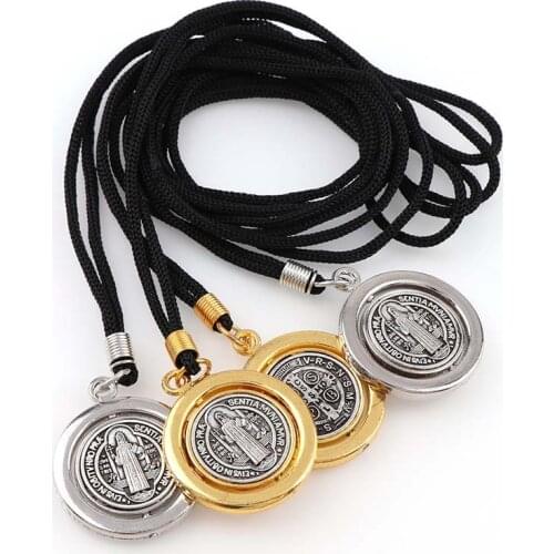 70cm Black Rope Round Rotatable Saint Benedict Medal Pendant Necklace with Silver and Yellow Gold Color Charms Necklace