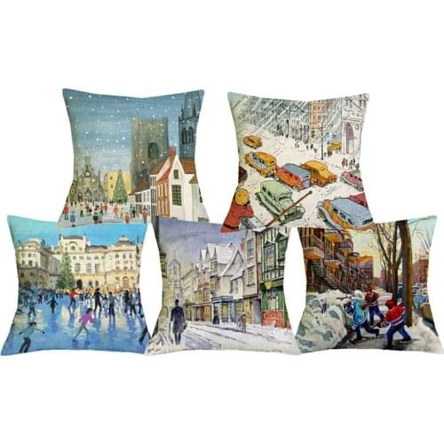 C06085 Christmas In The City Winter Snowscape Print cojines decorativos Home Decorative Throw Pillowcases