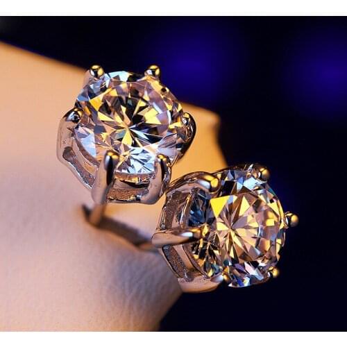 Ekopdee Luxury Moissatine Zircon Stud Earrings For Women Silver Color Round CZ Crystal Earring Bridal Wedding Party Jewelry New