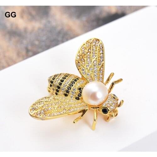 GuaiGuai Jewelry Natural White Pearl Cz Pave Bee Insect Brooch Pin Girl Lady Jewelry