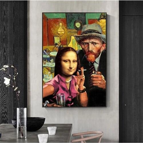 Funny Art Mona Lisa and Van Gogh Smoking Canvas Paintings Posters and Prints Wall Art Pictures for Living Room Decor