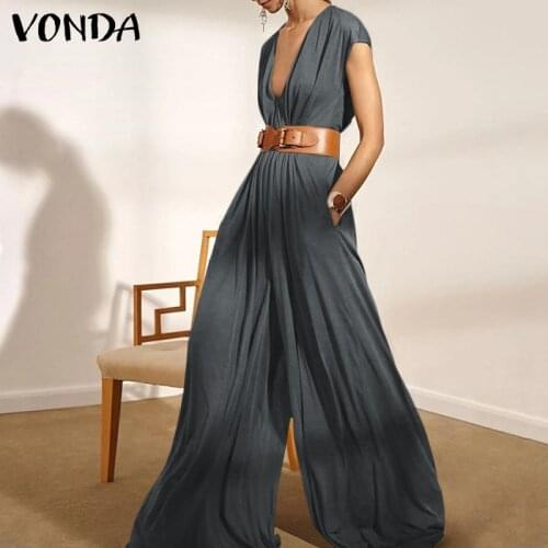 VONDA Women Sleeveless Deep V Neck Sexy Jumpsuits Wide Leg Long Trousers Palazzo Pants Playsuits Pantalon Femme
