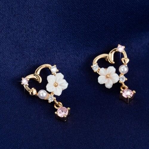Korean Fashion Bride Cute Drop Earrings Heart Shell Flowers Crystal Dangle Earrings For Women Brincos Jewelry Wholesale