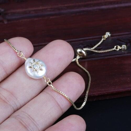 Tiny gold sun sunburst sunspot flower charm freshwater pearl bead charms dainty link bracelets for women wedding birthday gift
