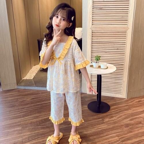 Cute Pajamas For Girls Floral Print Short Sleeve Sleepwear Children Leisure Nightwear Summer Eveing Pijama Set 2 Piece