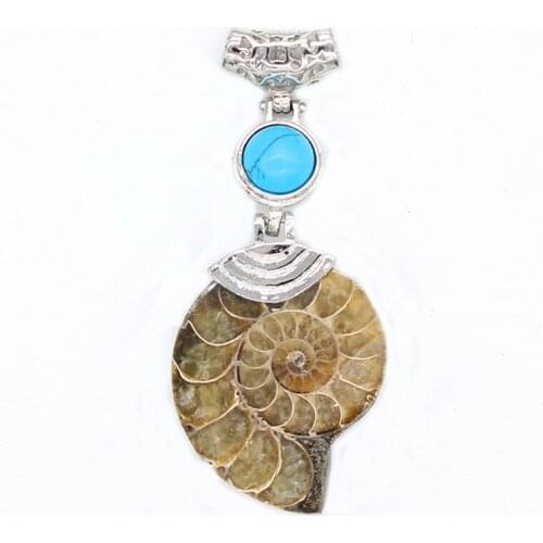 Trendy-beads Ethnic Silver Plated Ammonite Reliquiae Blue Turquoises Stone Round Beads Pendant Meditation Jewelry