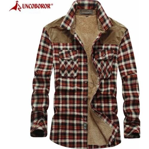 Winter Warm Shirts Men Military Plaid Thicken Fleece Wool Coat 100% Cotton High Quality Long Sleeve Flannel Shirts Chemise Homme