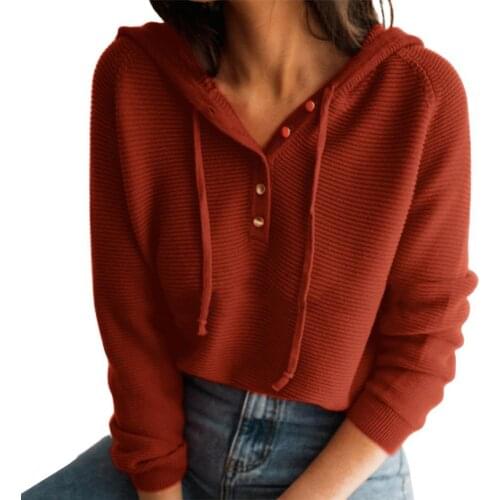 Dropshipping!! Loose Knitting Blouse Single-breasted Pullover Knitwear Hooded Basic Solid Color Knitting Top for Daily Wear